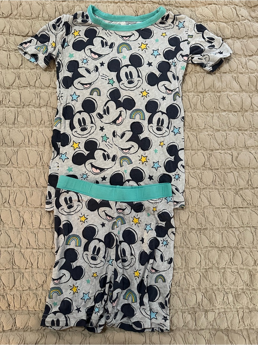 Little Sleepies Gray Mickey Print Short Pajama Set with Teal Trim